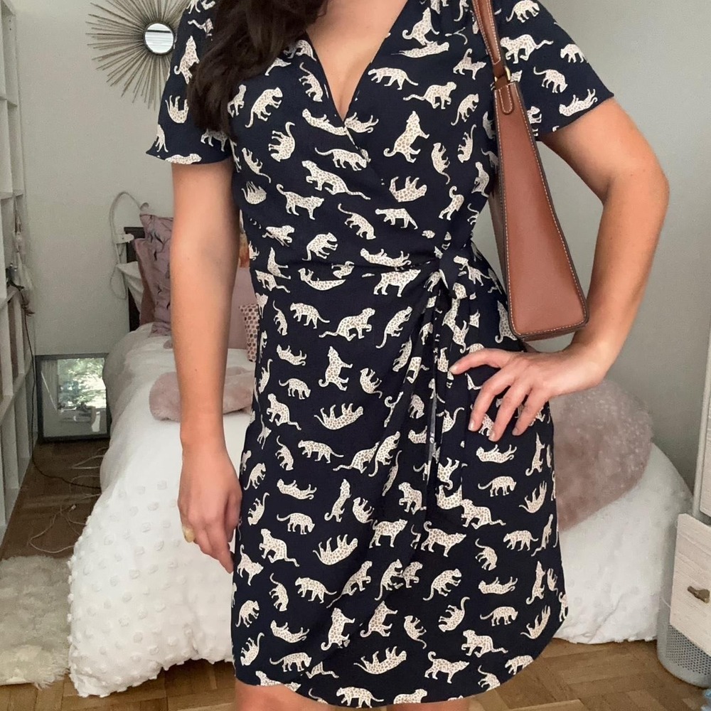 J.Crew Wrap Dress 12 Navy Leopard Print Maximalist Workwear‎ Short Sleeve V-Neck